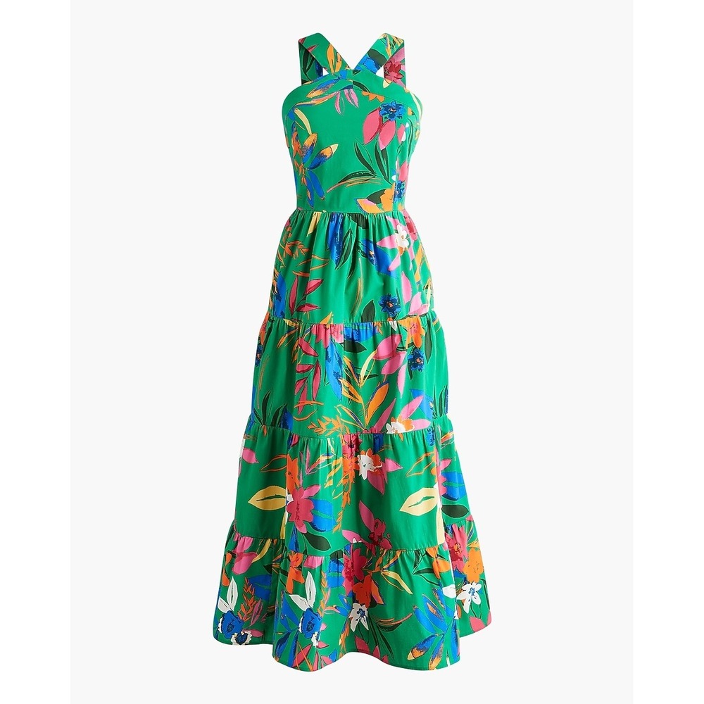 J. Crew Factory Green Floral Tiered Midi Dress